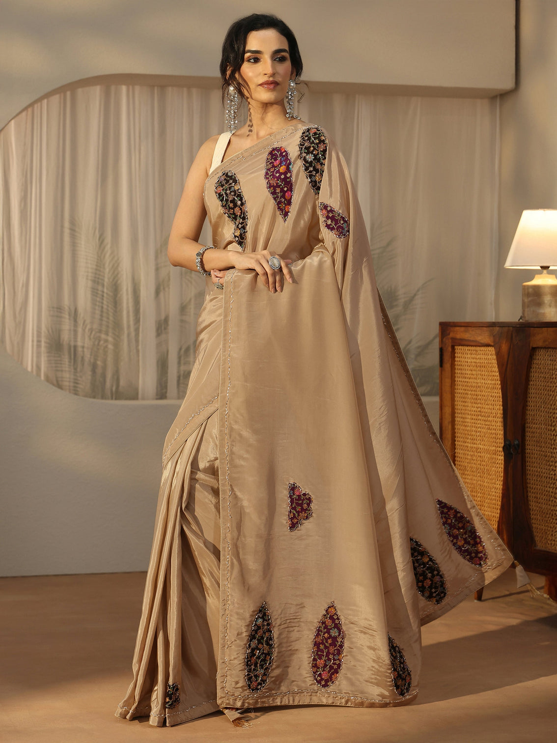 Mameraa Beige Embellished Satin Saree with Applique Design