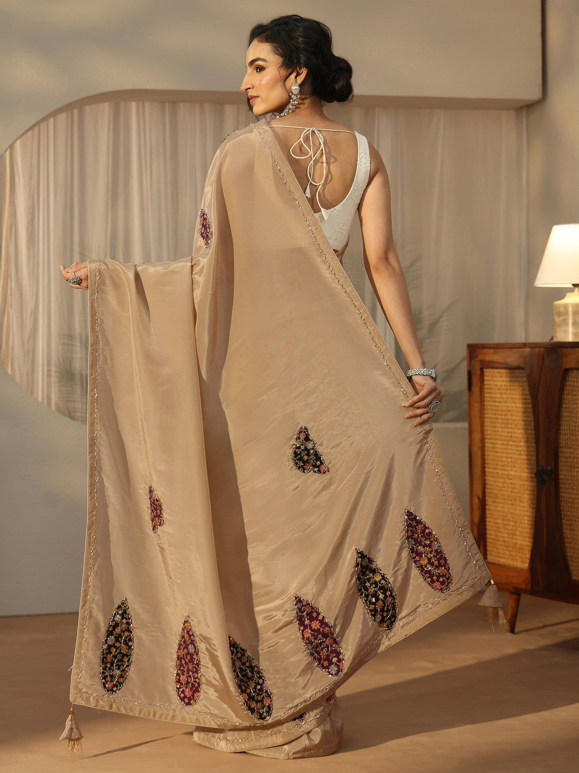 Mameraa Beige Embellished Satin Saree with Applique Design