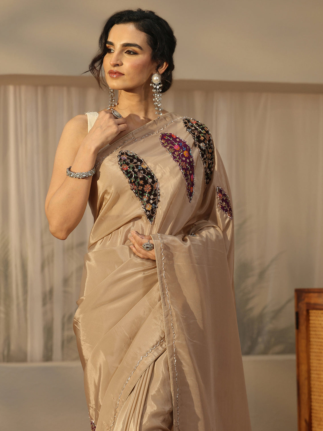 Mameraa Beige Embellished Satin Saree with Applique Design