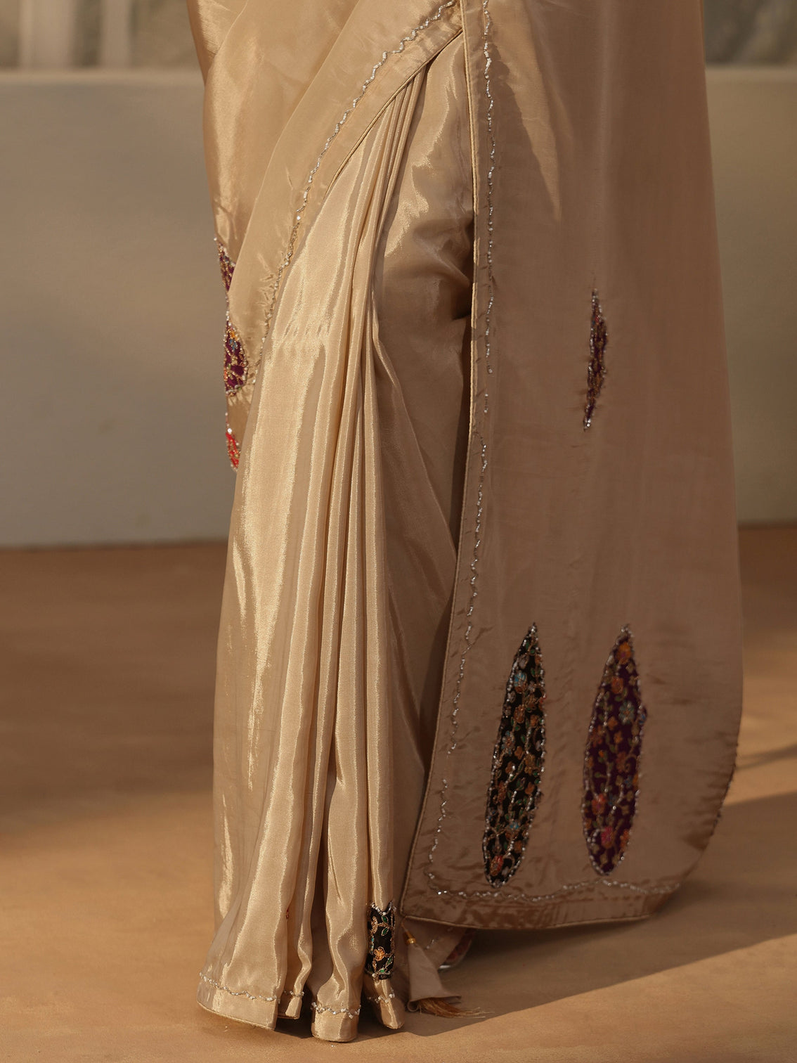 Mameraa Beige Embellished Satin Saree with Applique Design