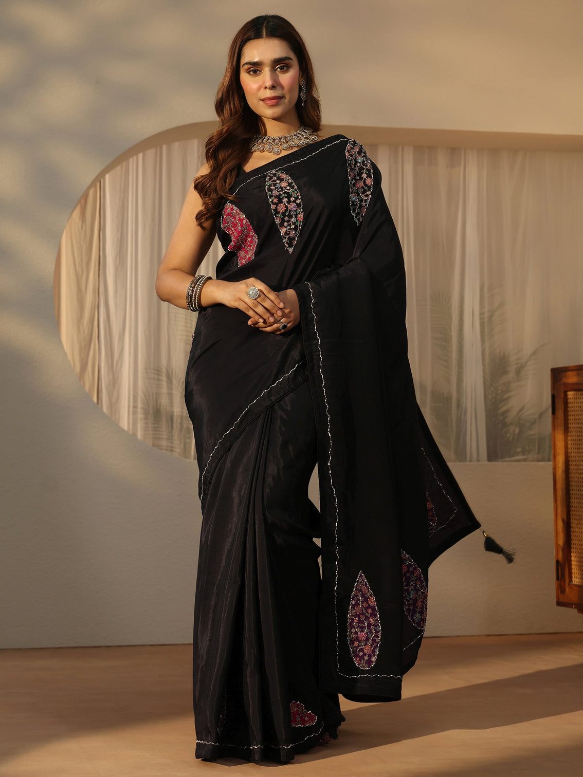 Mameraa Black Embellished Satin Saree with Applique Design