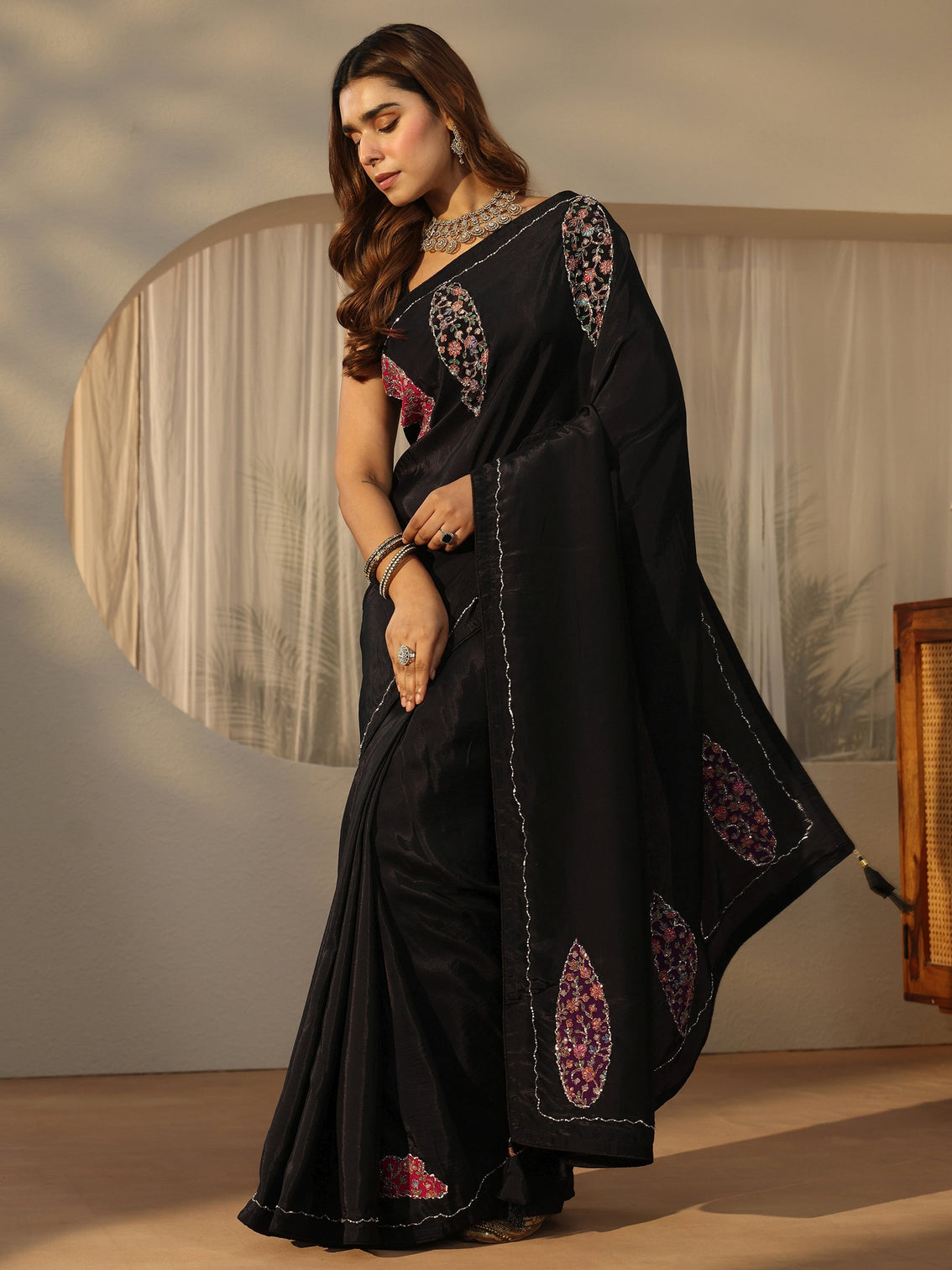 Mameraa Black Embellished Satin Saree with Applique Design