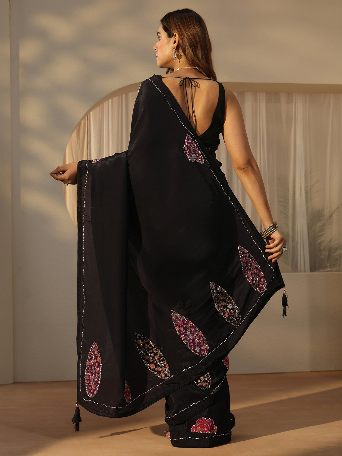 Mameraa Black Embellished Satin Saree with Applique Design