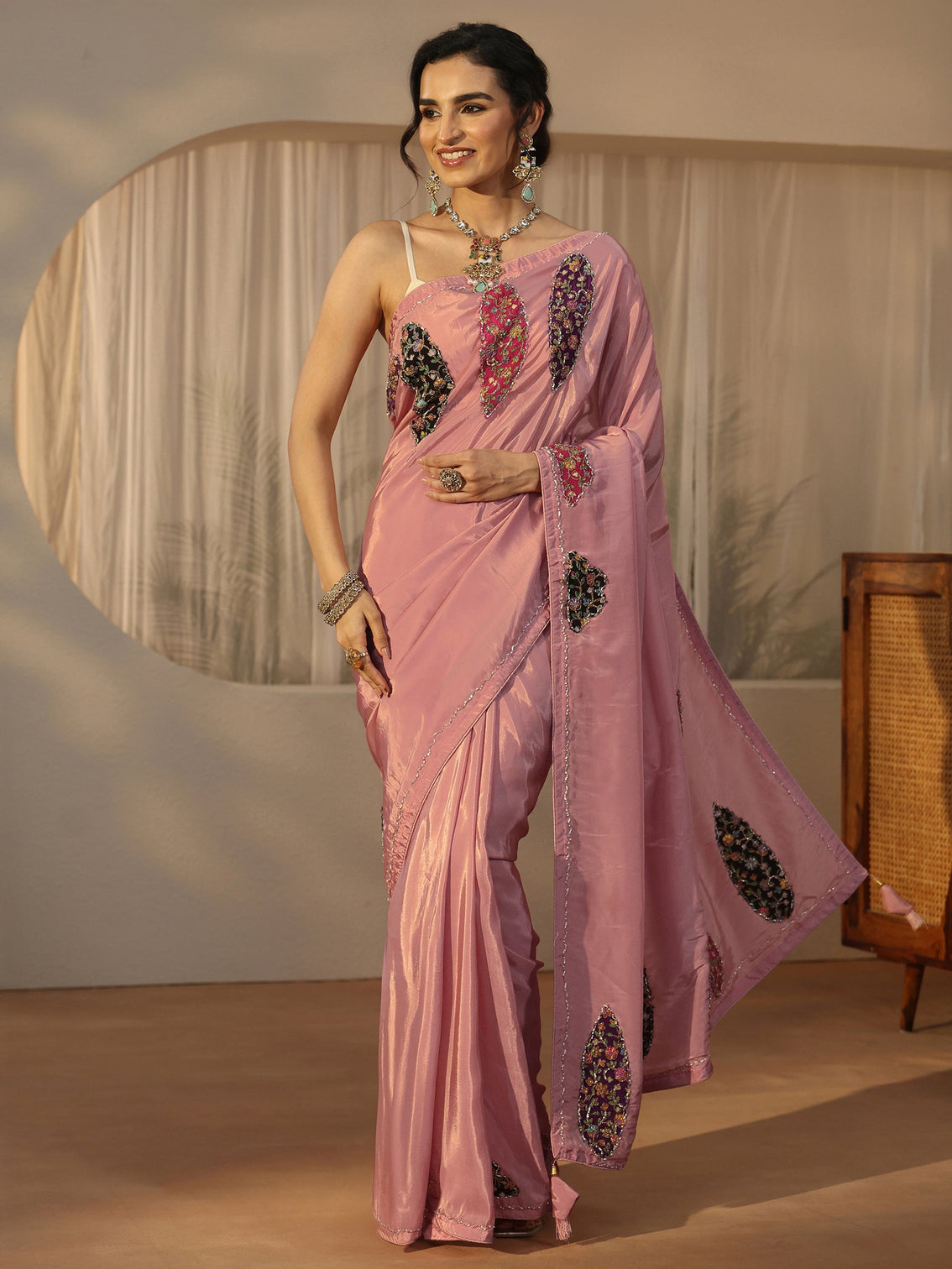 Mameraa Pink Embellished Satin Saree with Applique Design