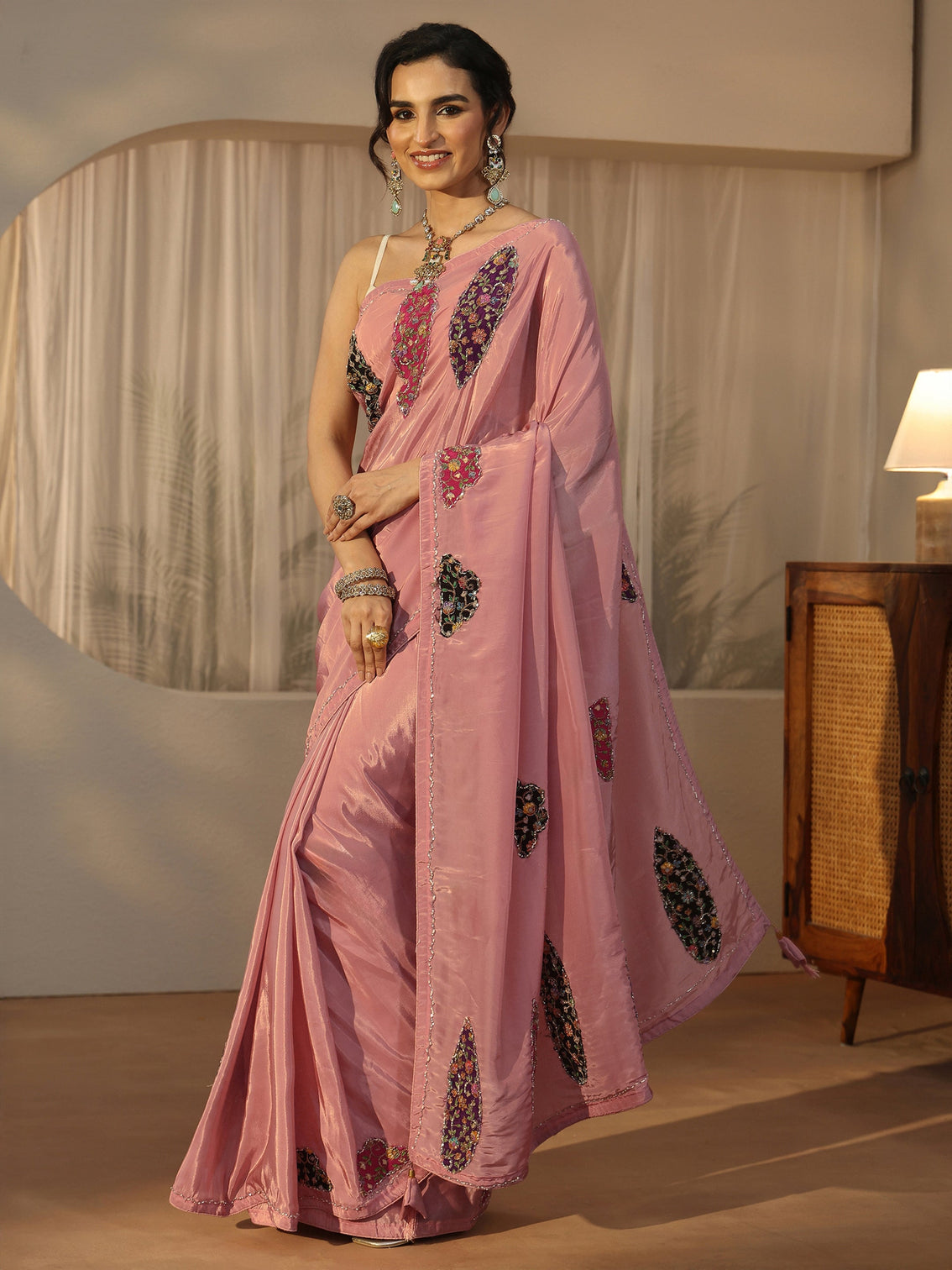 Mameraa Pink Embellished Satin Saree with Applique Design
