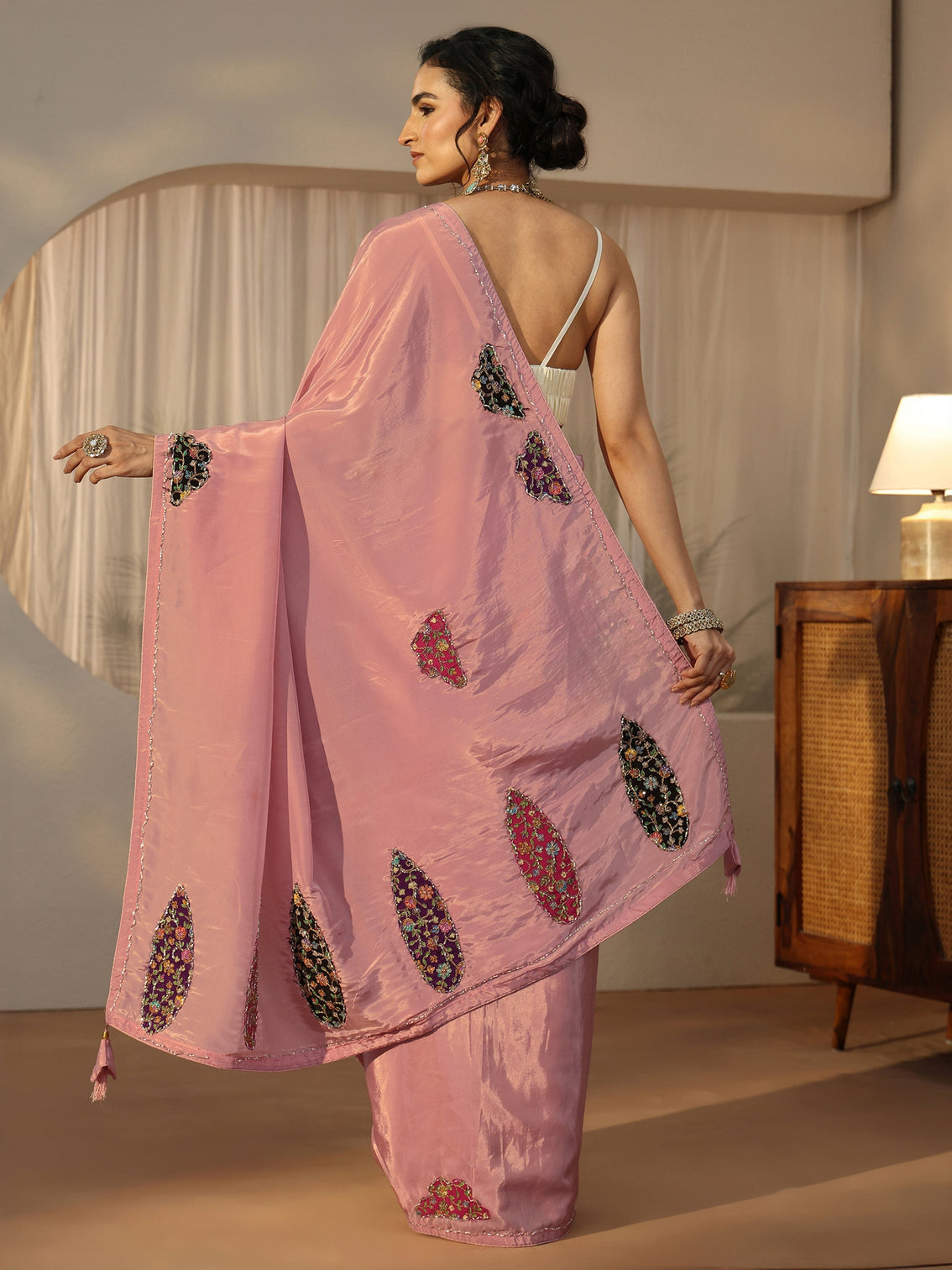 Mameraa Pink Embellished Satin Saree with Applique Design