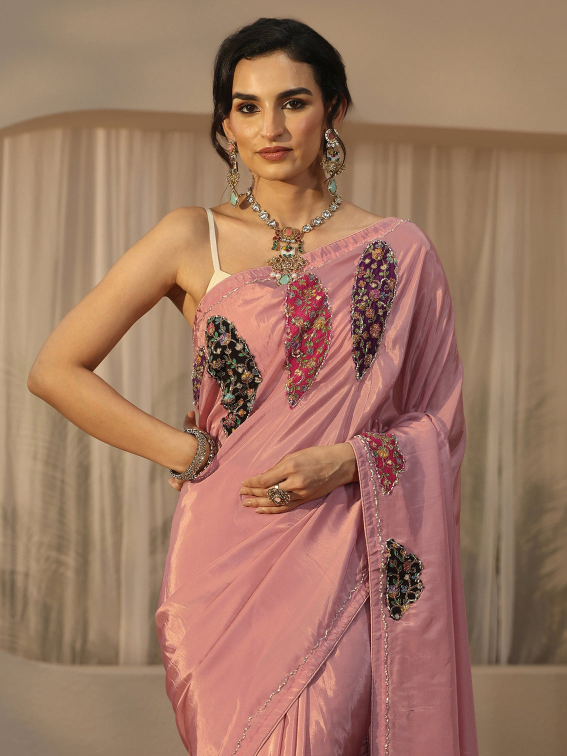 Mameraa Pink Embellished Satin Saree with Applique Design