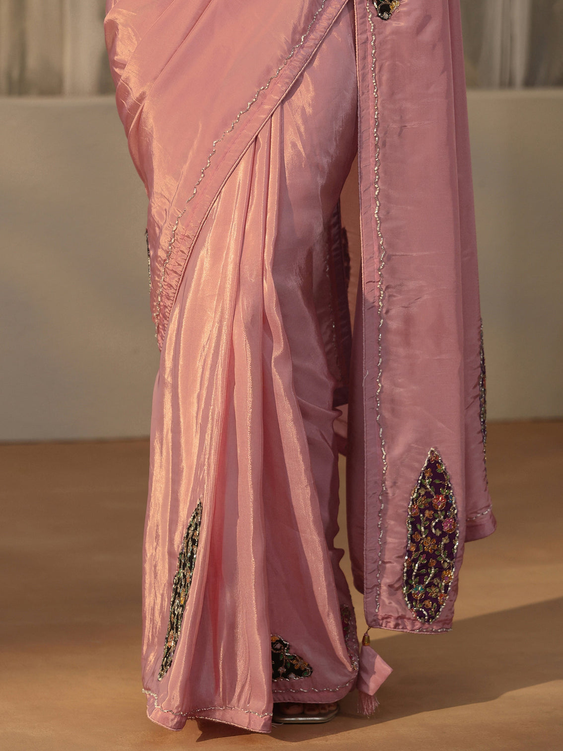Mameraa Pink Embellished Satin Saree with Applique Design