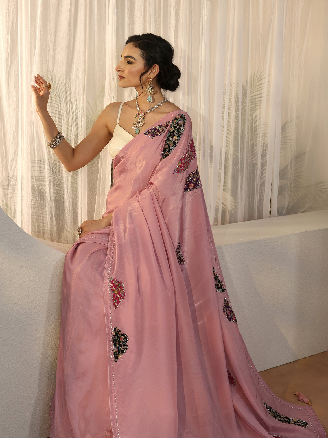Mameraa Pink Embellished Satin Saree with Applique Design