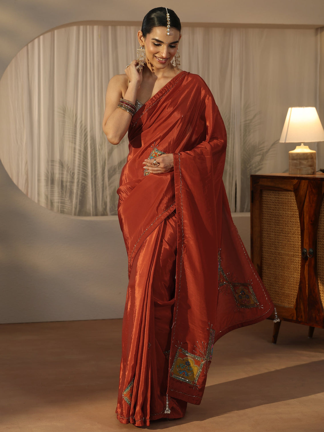 Mameraa Rust Brown Satin Saree with Applique Design