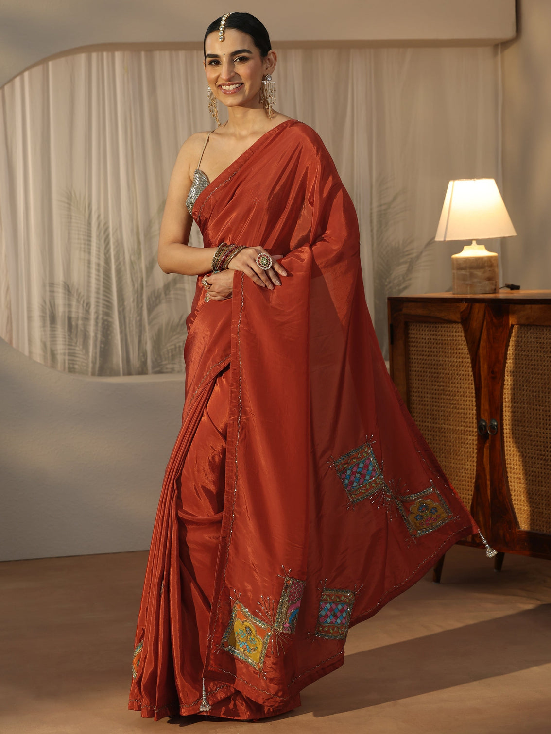 Mameraa Rust Brown Satin Saree with Applique Design