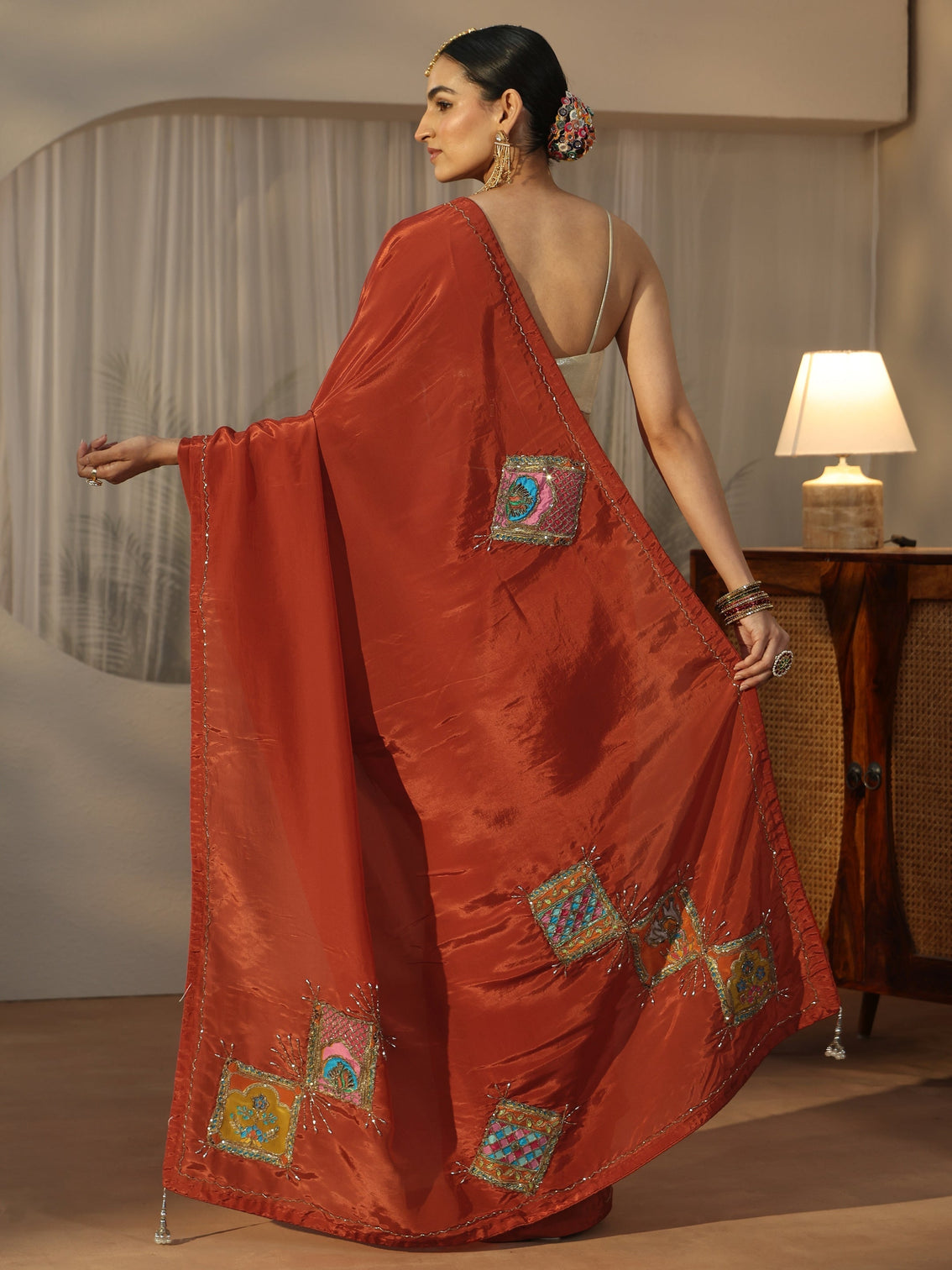 Mameraa Rust Brown Satin Saree with Applique Design