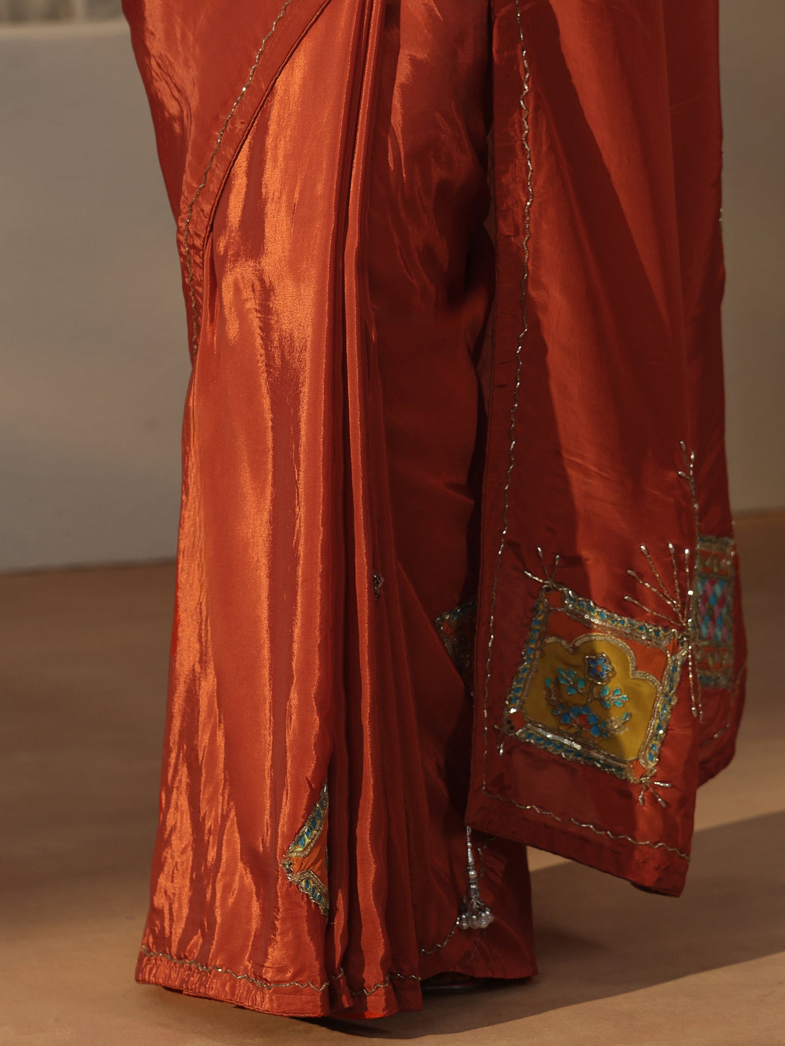 Mameraa Rust Brown Satin Saree with Applique Design