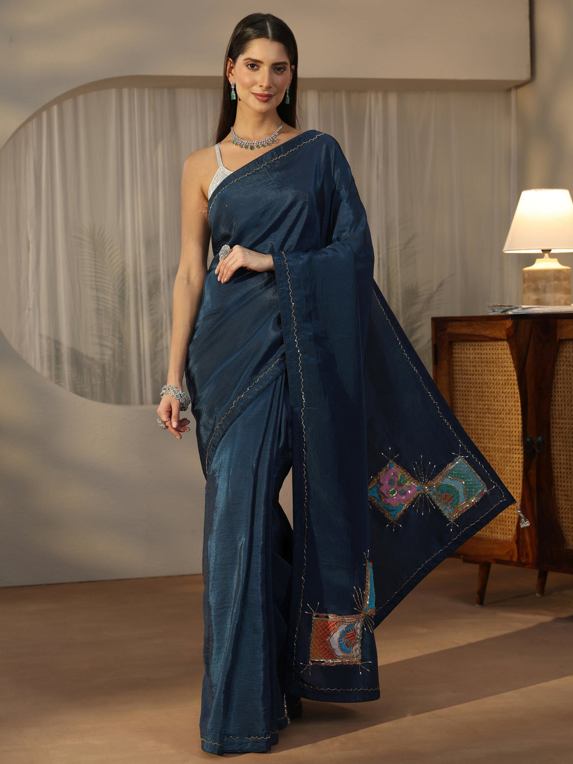 Mameraa Teal Blue Satin Saree with Applique Design
