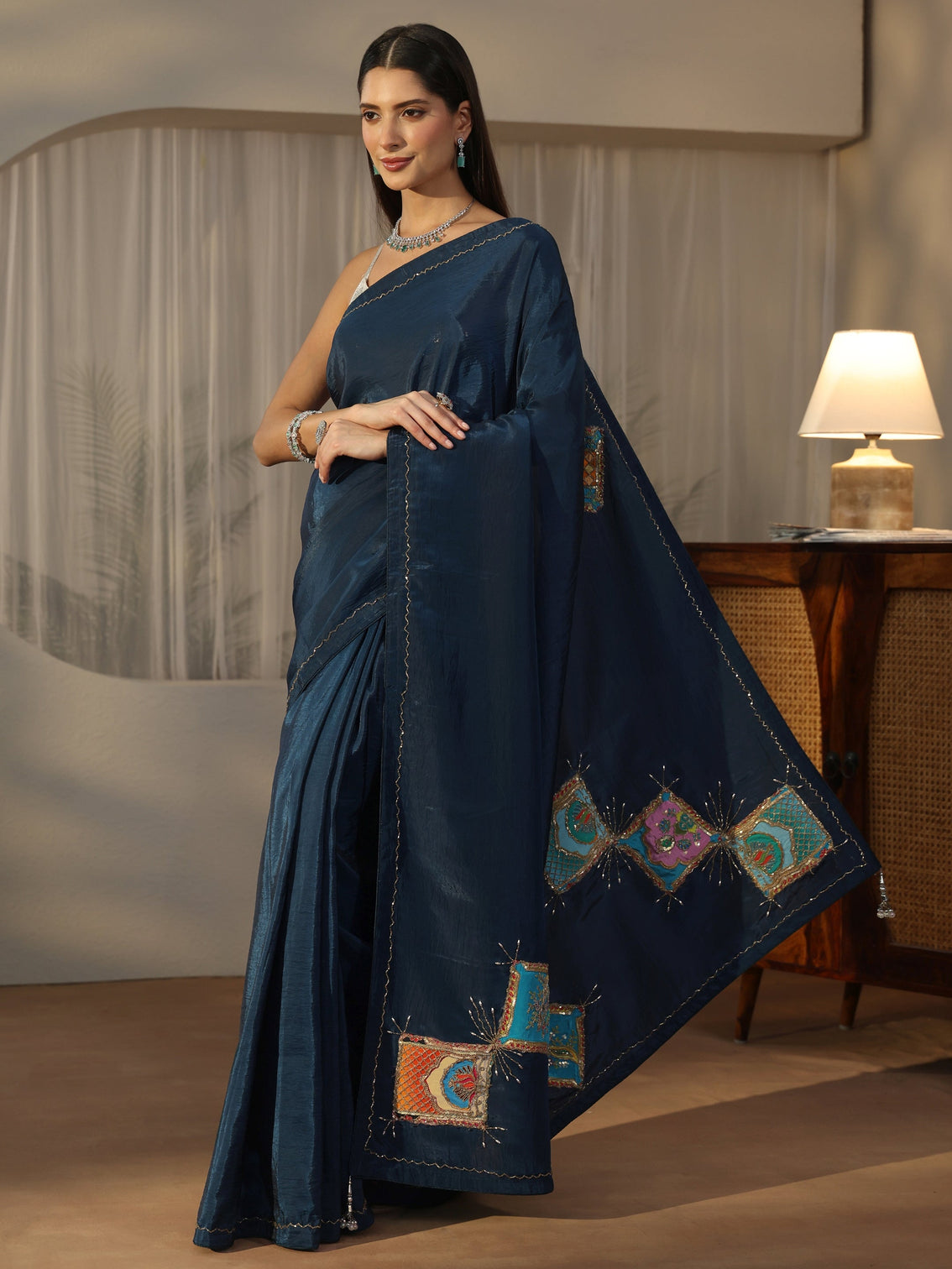 Mameraa Teal Blue Satin Saree with Applique Design