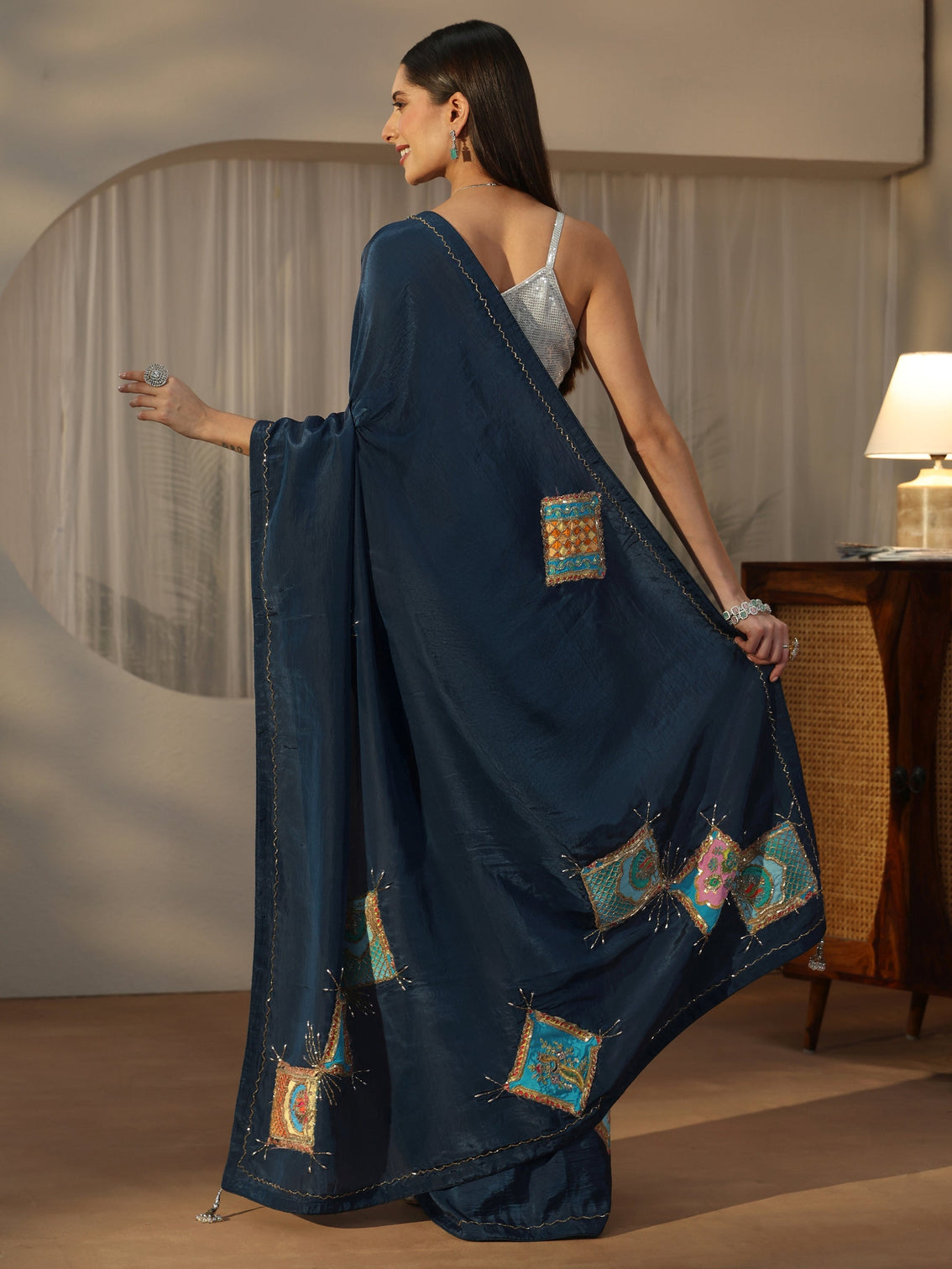 Mameraa Teal Blue Satin Saree with Applique Design