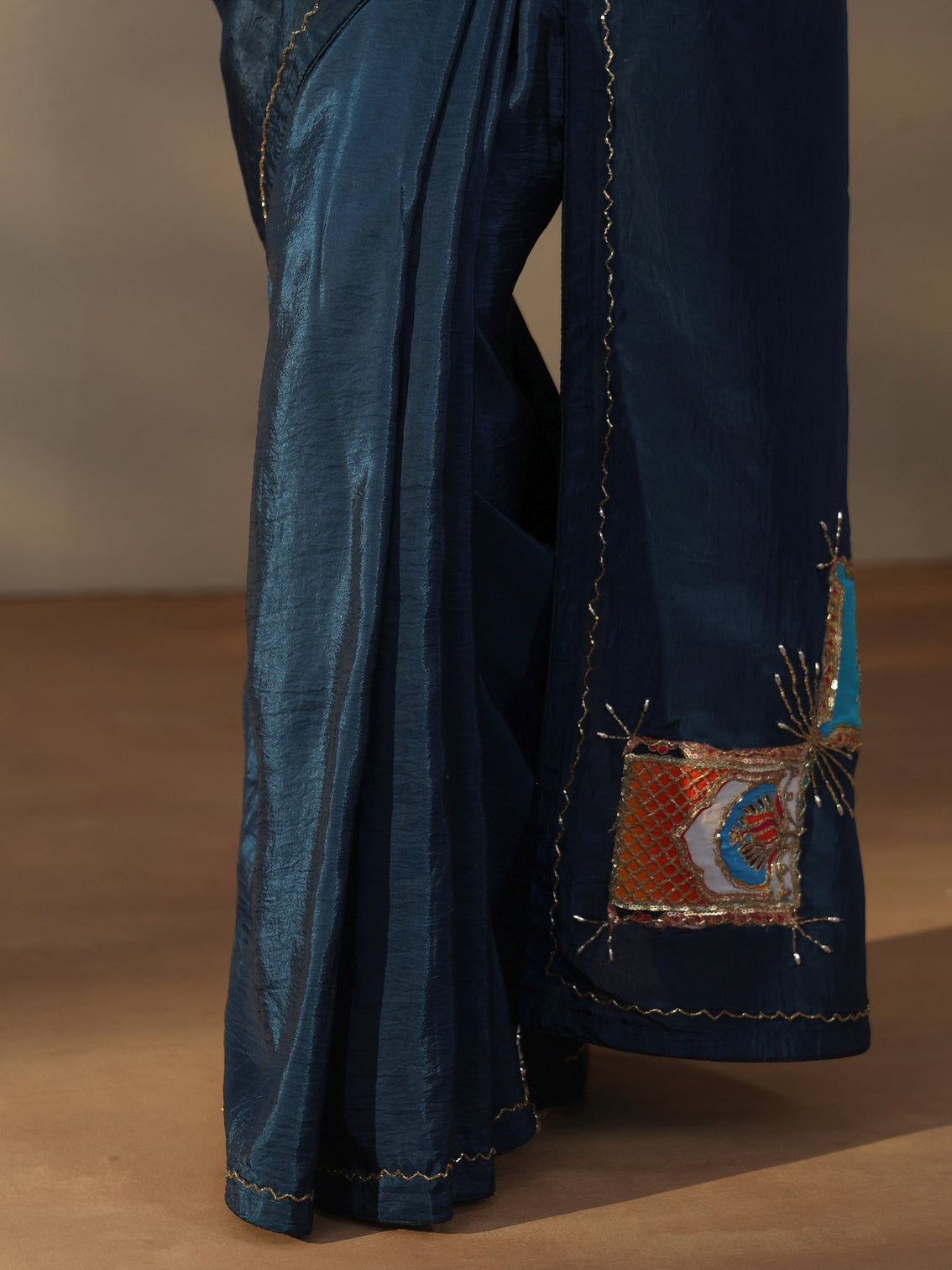Mameraa Teal Blue Satin Saree with Applique Design