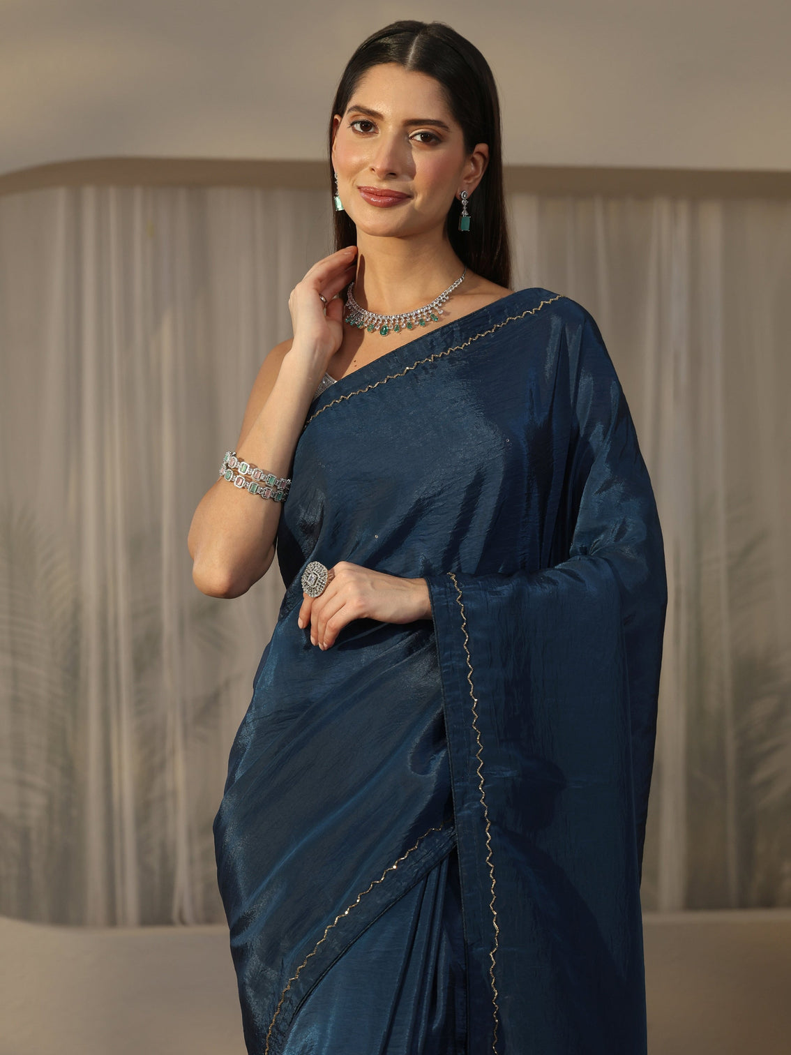 Mameraa Teal Blue Satin Saree with Applique Design