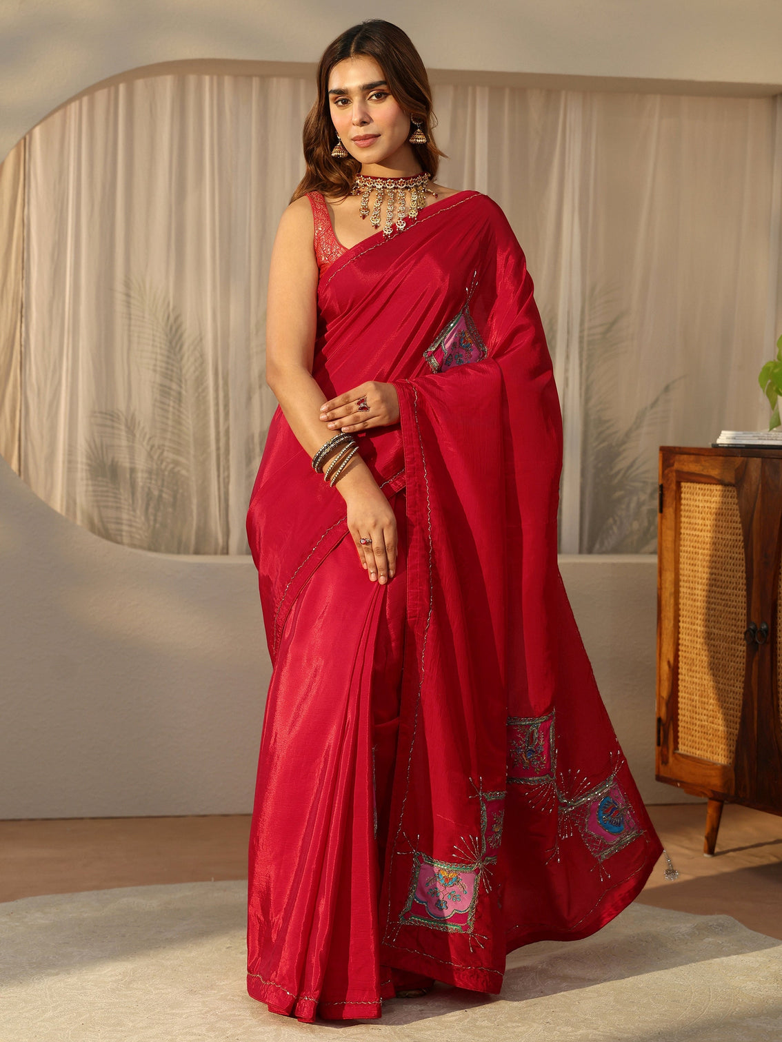 Mameraa Strawberry Red Embellished Satin Saree with Applique Design
