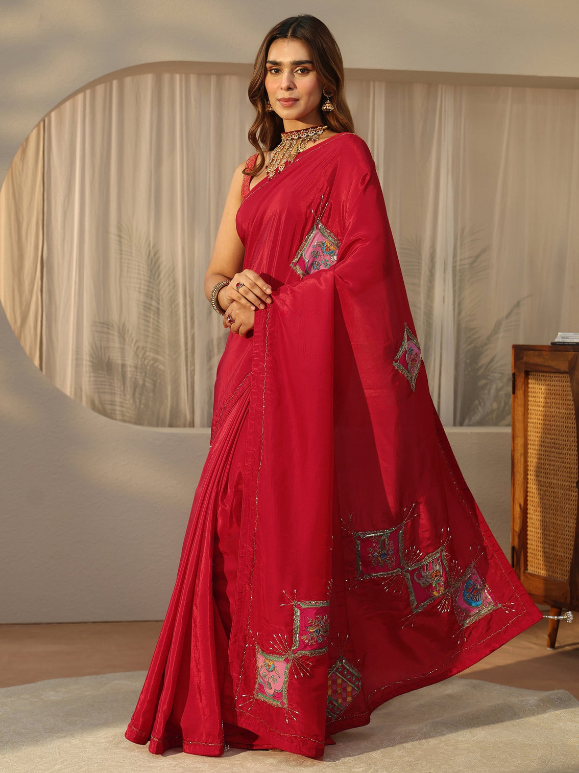 Mameraa Strawberry Red Embellished Satin Saree with Applique Design