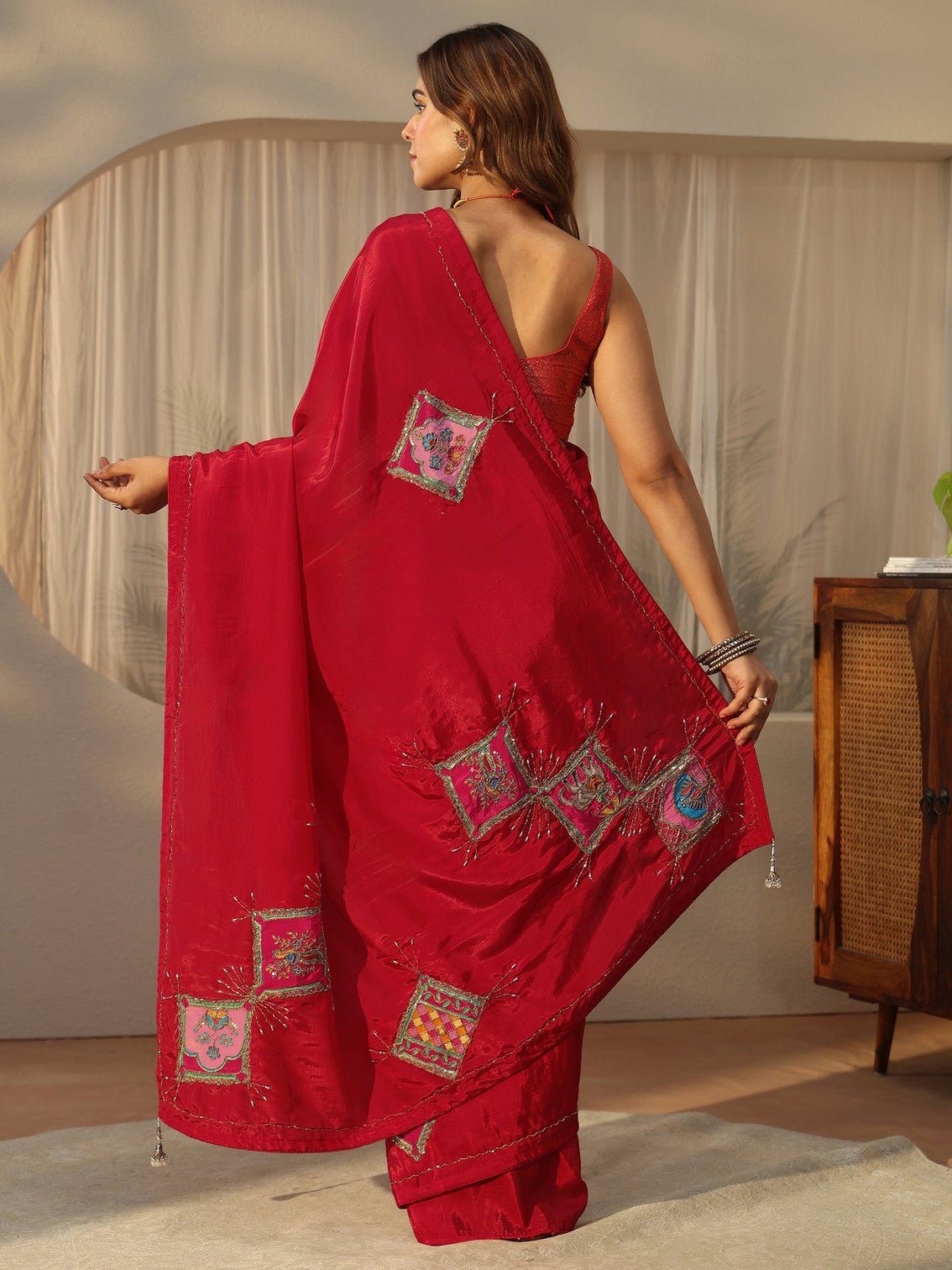 Mameraa Strawberry Red Embellished Satin Saree with Applique Design