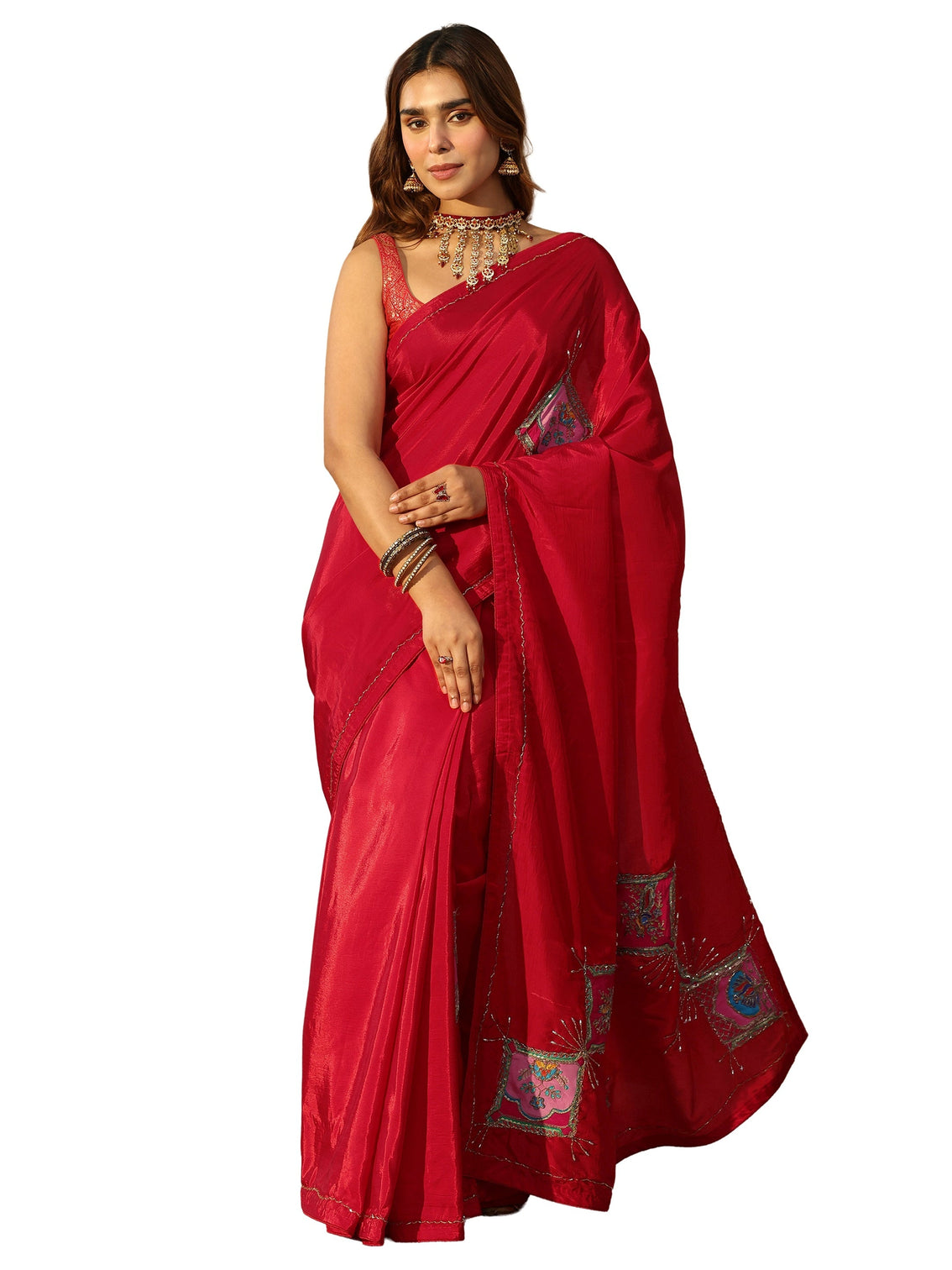 Mameraa Strawberry Red Embellished Satin Saree with Applique Design