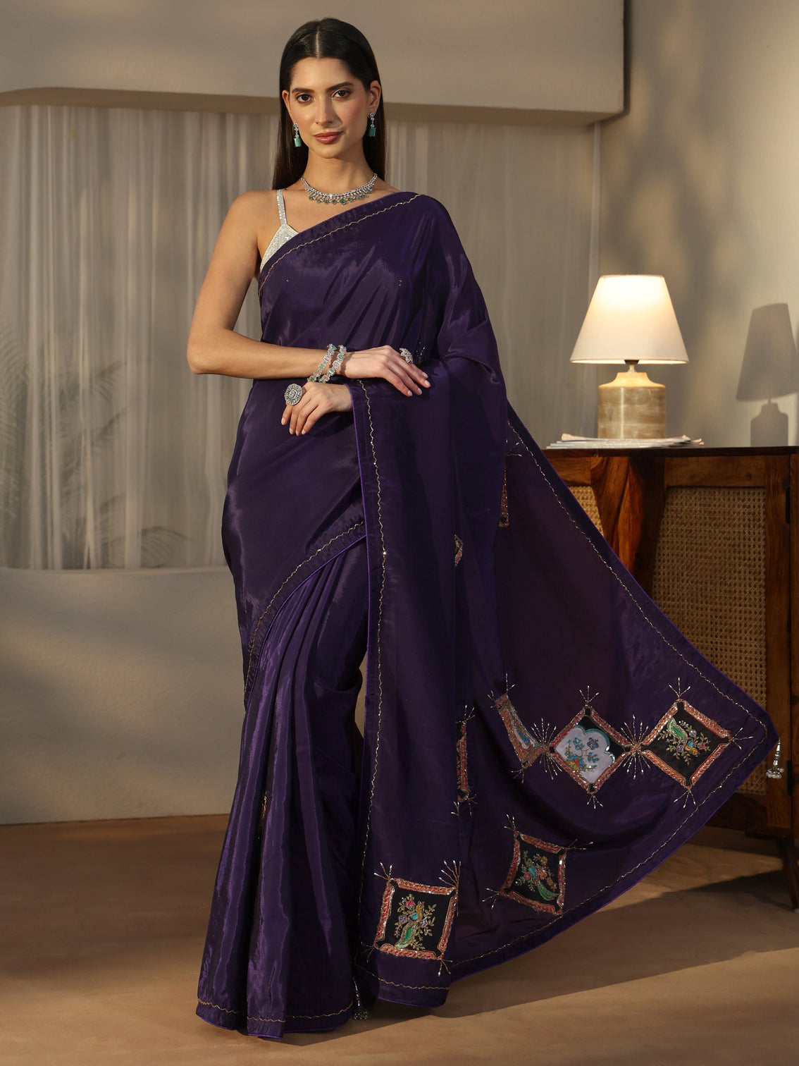 Mameraa Aubergine Purple Satin Saree with Applique Design