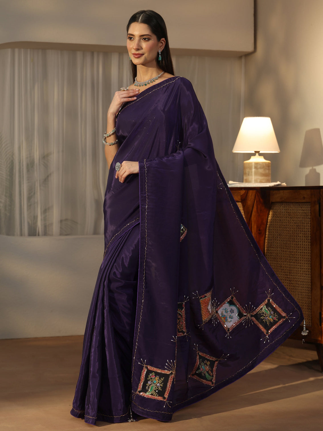 Mameraa Aubergine Purple Satin Saree with Applique Design