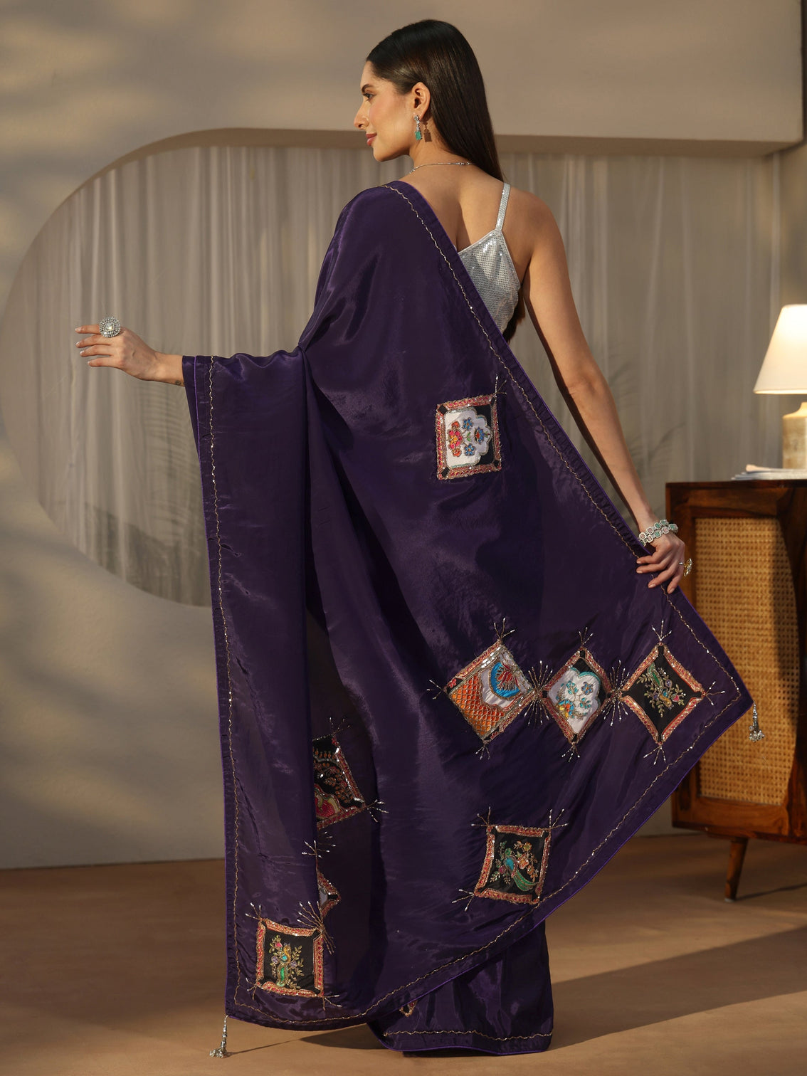 Mameraa Aubergine Purple Satin Saree with Applique Design