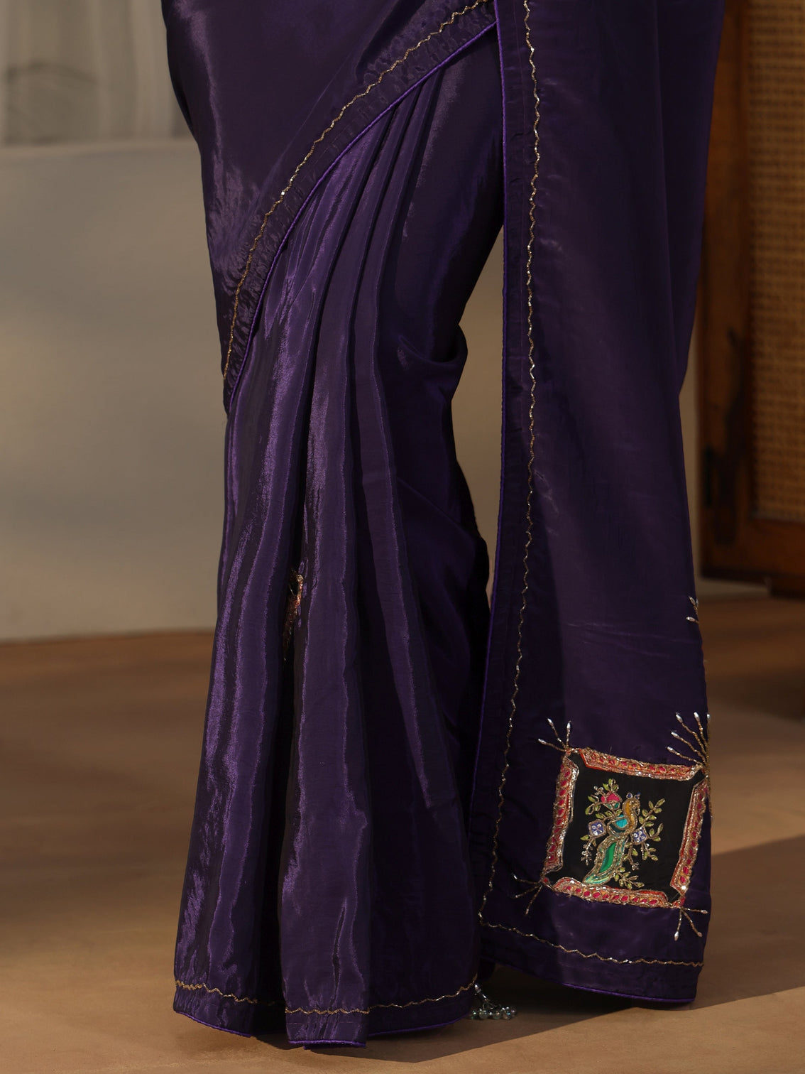 Mameraa Aubergine Purple Satin Saree with Applique Design