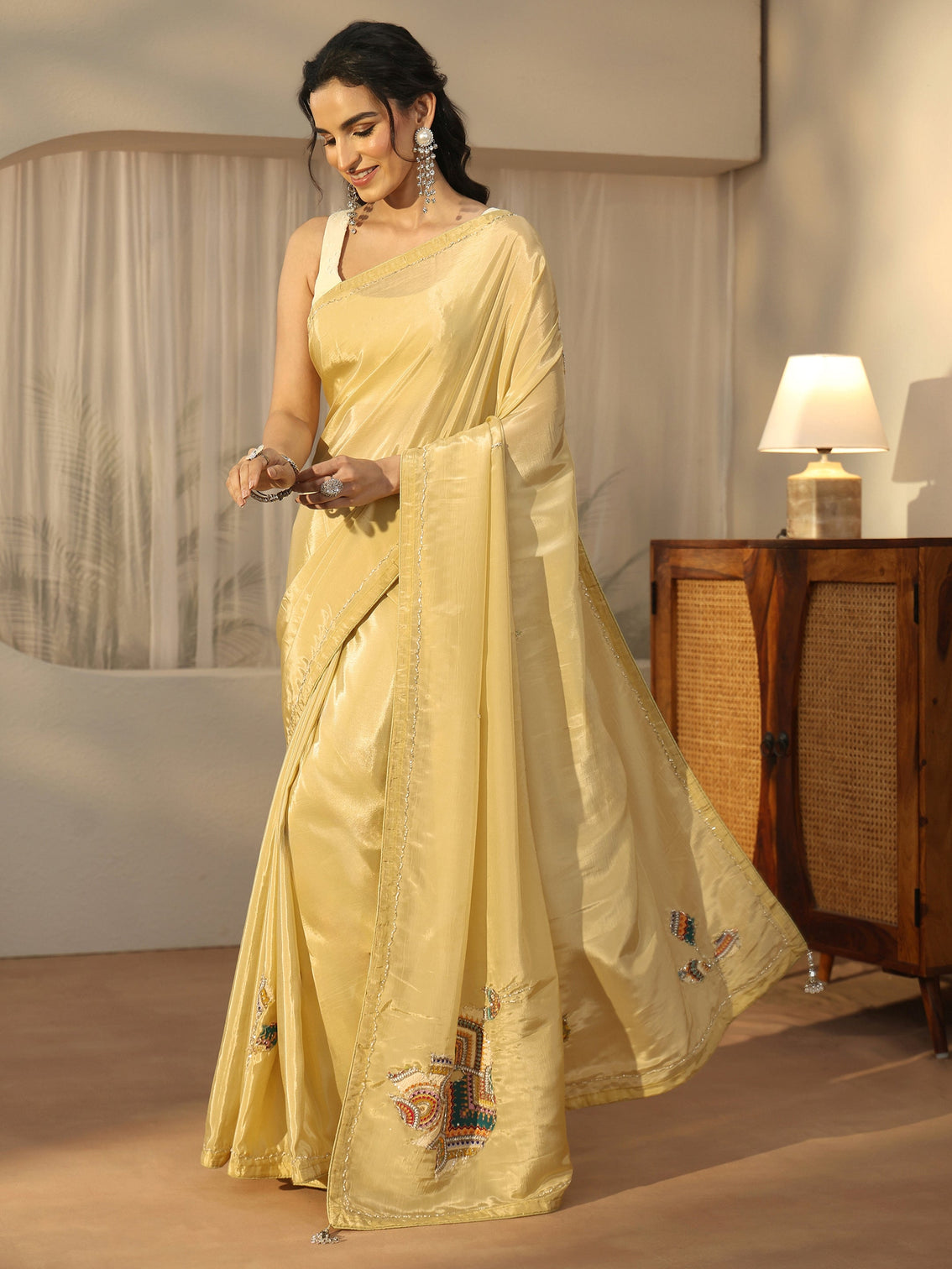 Mameraa Butter Yellow Embellished Satin Saree with Applique Design