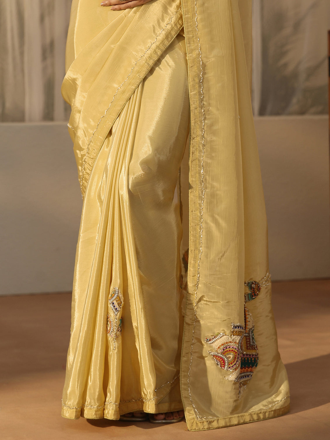 Mameraa Butter Yellow Embellished Satin Saree with Applique Design