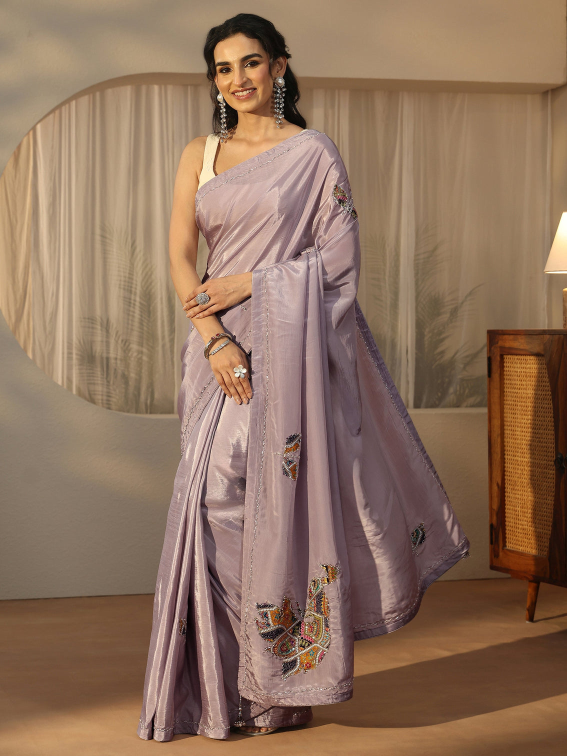 Mameraa Lavender Embellished Satin Saree with Applique Design