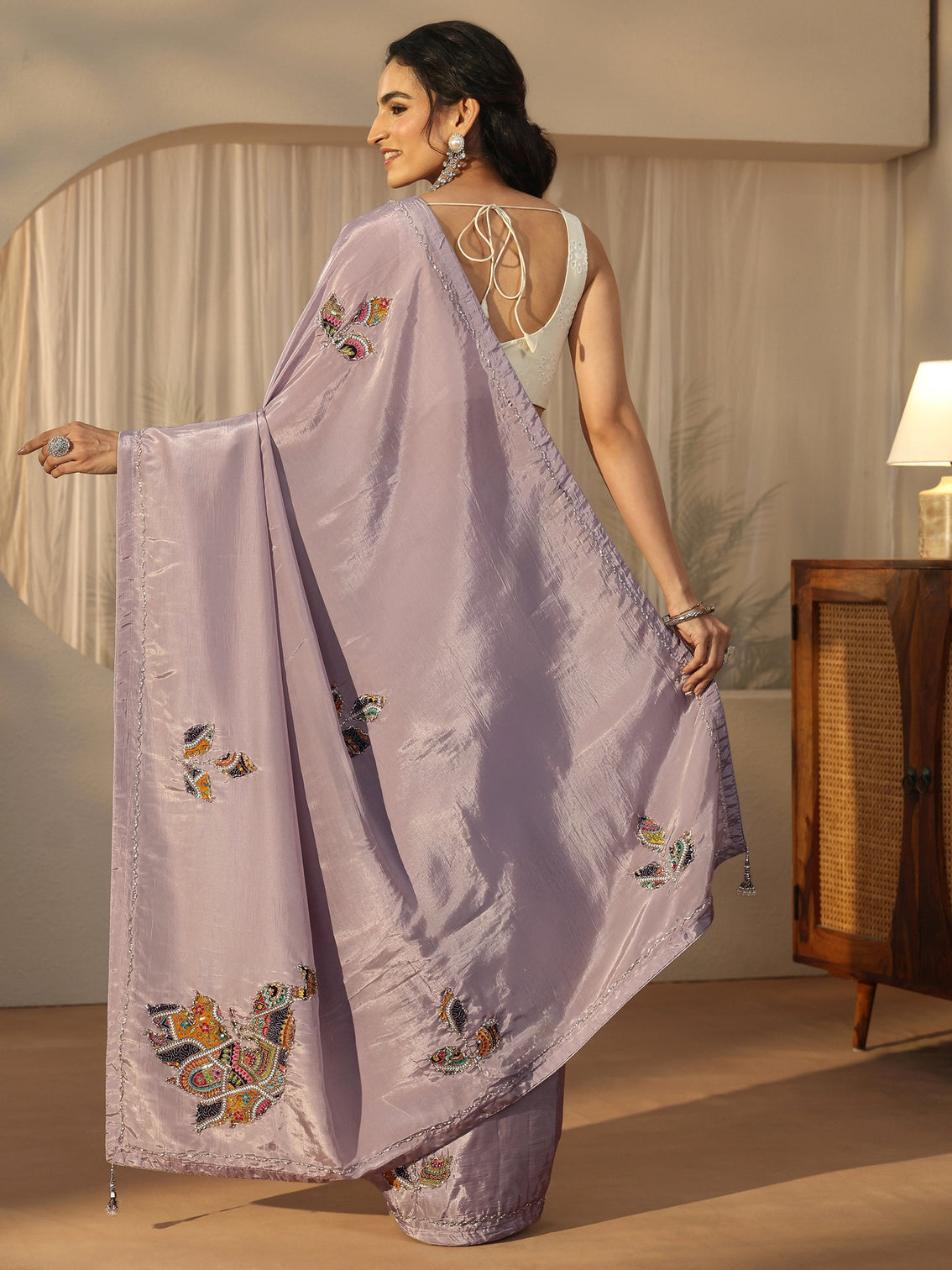 Mameraa Lavender Embellished Satin Saree with Applique Design