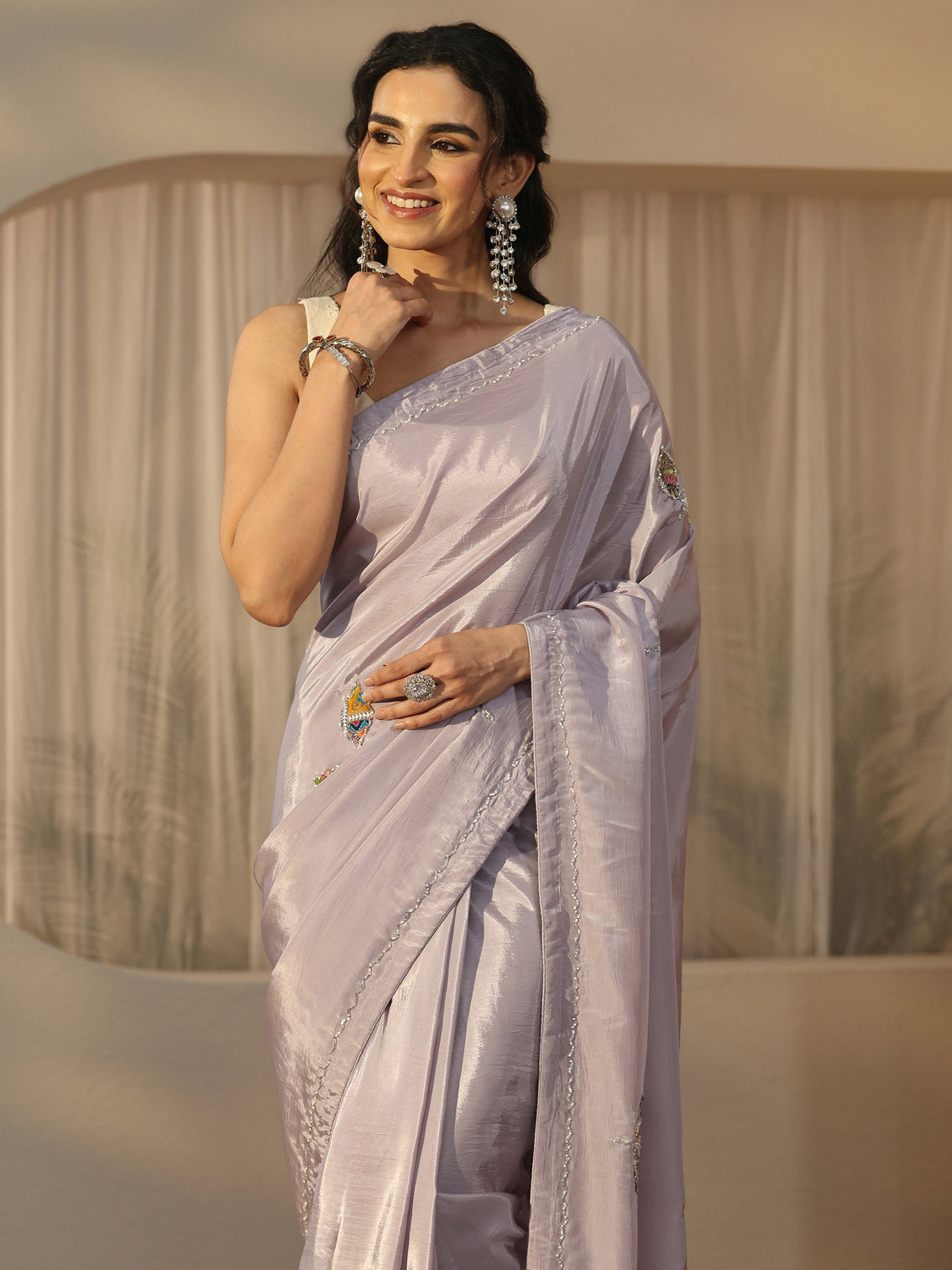 Mameraa Lavender Embellished Satin Saree with Applique Design