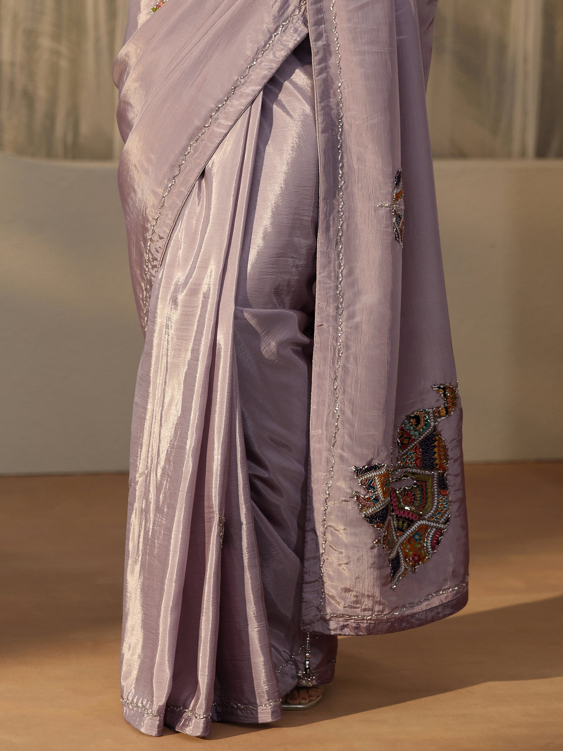 Mameraa Lavender Embellished Satin Saree with Applique Design