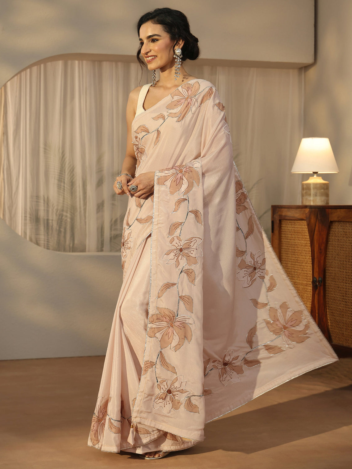 Mameraa Beige Floral Embellished Satin Saree