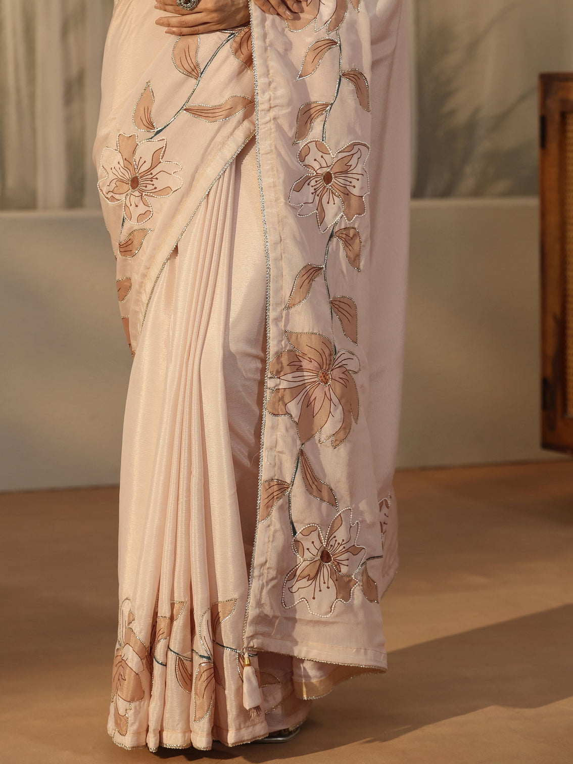 Mameraa Beige Floral Embellished Satin Saree