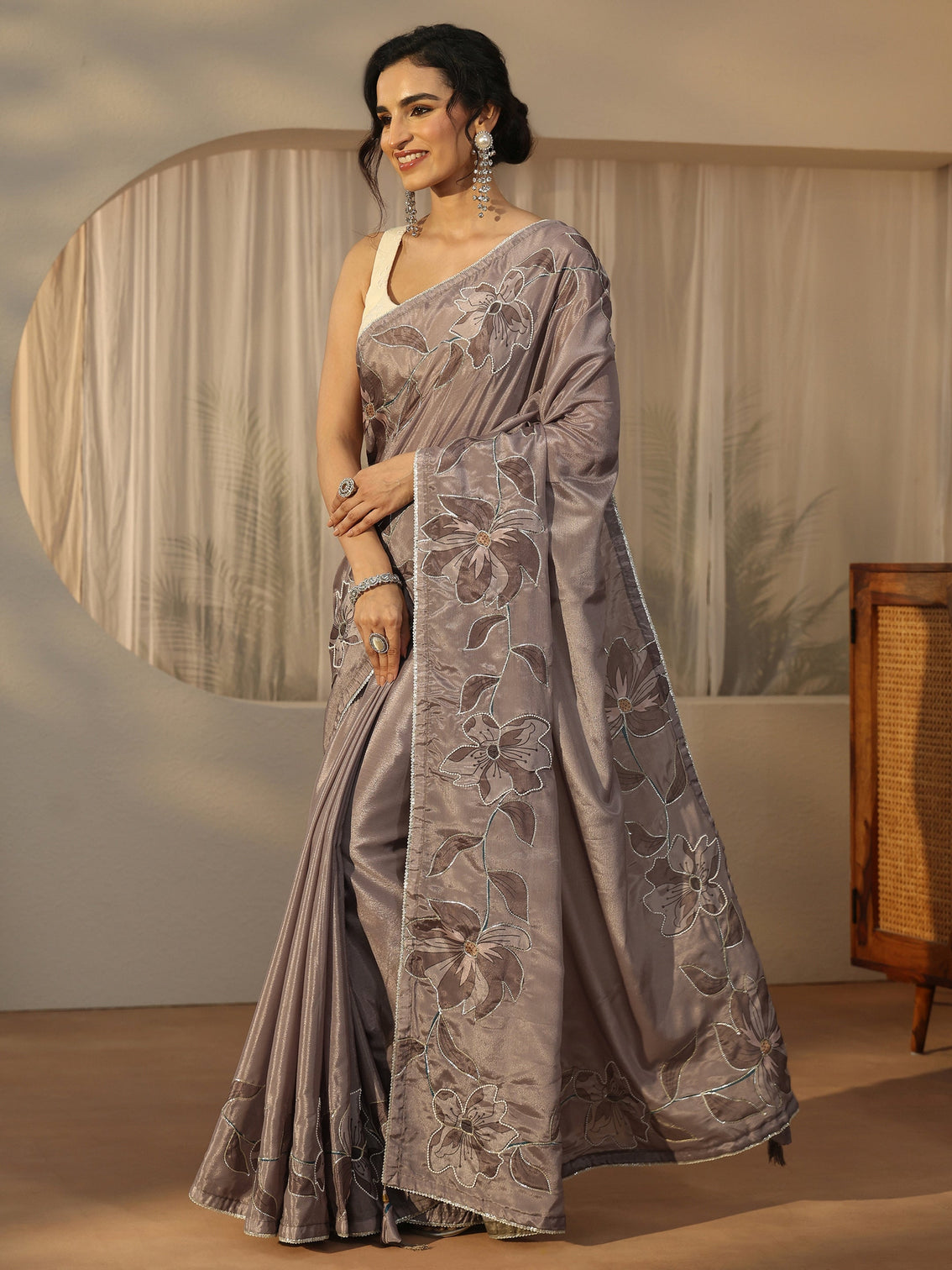 Mameraa Taupe Grey Floral Embellished Satin Saree