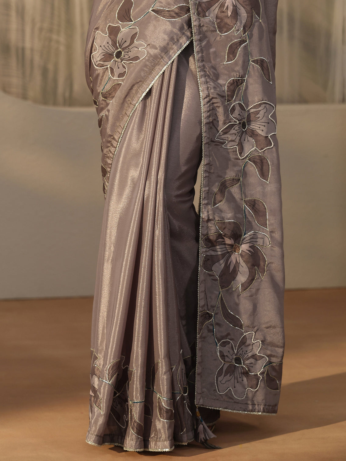 Mameraa Taupe Grey Floral Embellished Satin Saree