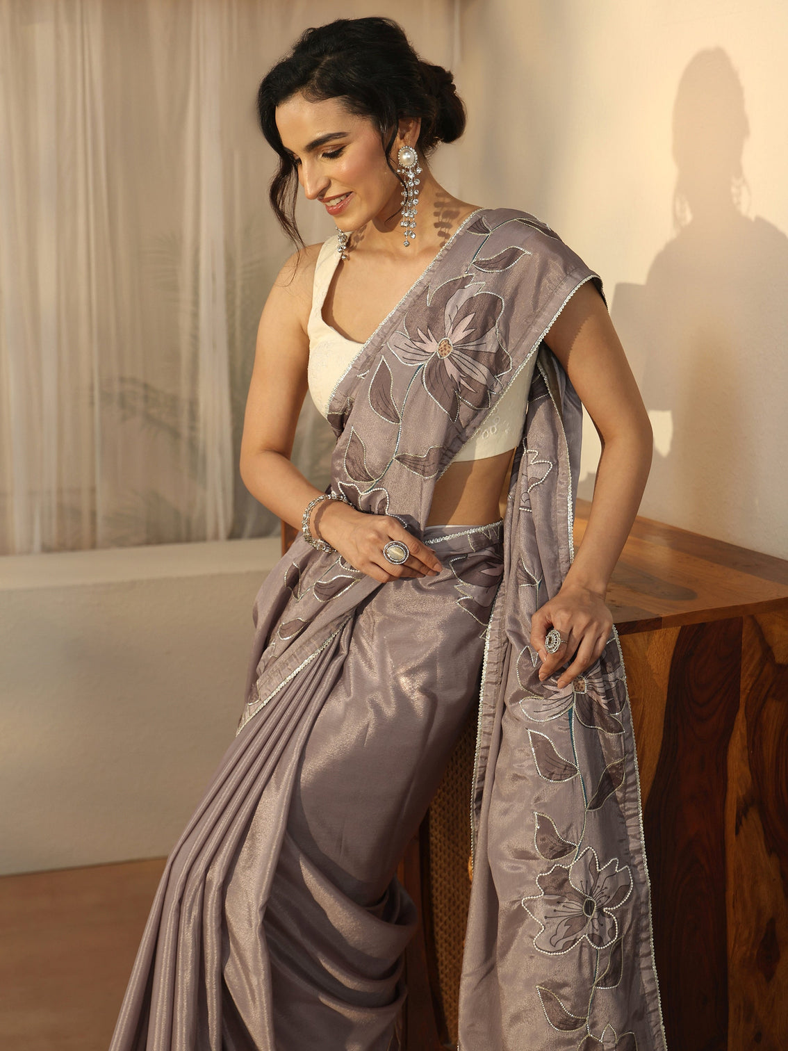 Mameraa Taupe Grey Floral Embellished Satin Saree