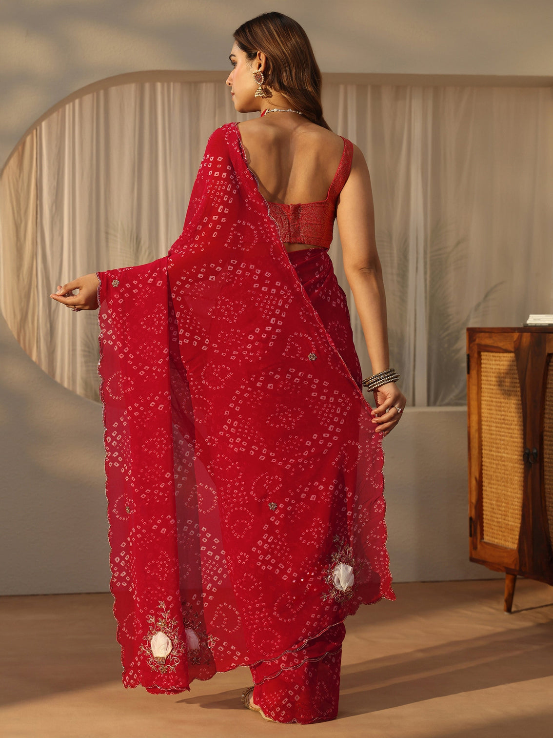 Mameraa Red Bandhani Printed Chiffon Saree with Applique Design