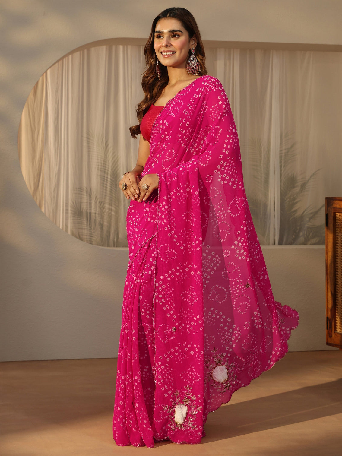 Mameraa Pink Bandhani Printed Chiffon Saree with Applique Design