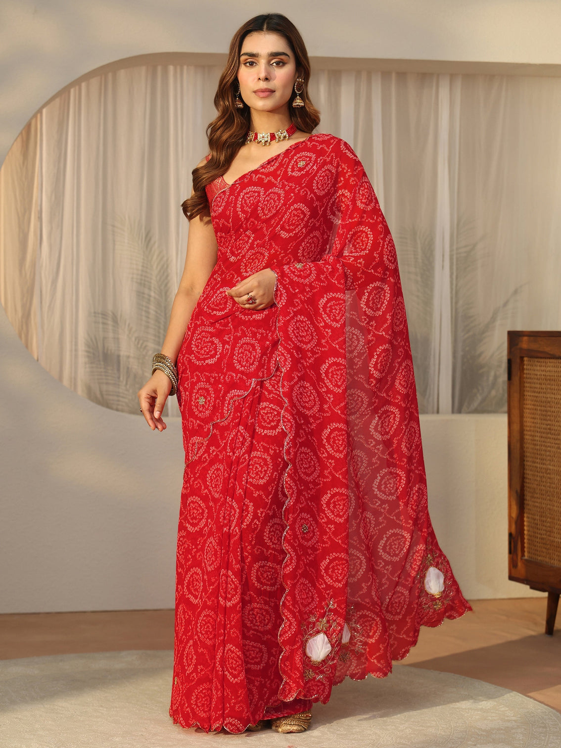 Mameraa Red Bandhani Printed Chiffon Saree with Applique Design