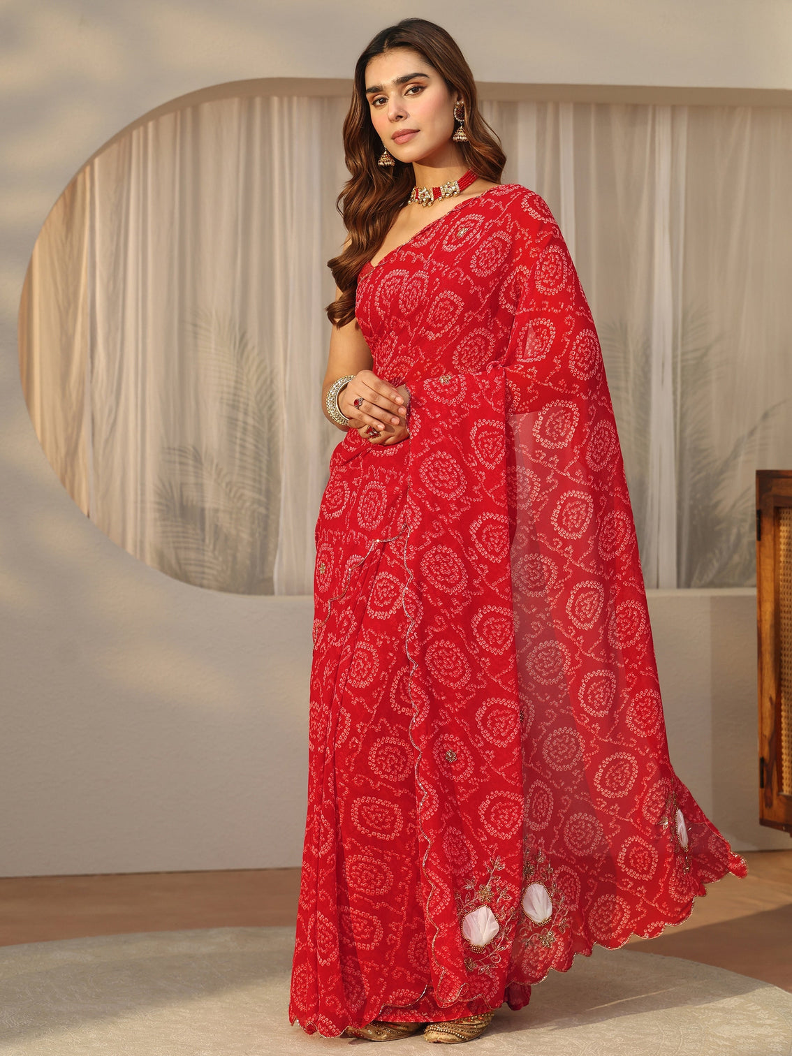 Mameraa Red Bandhani Printed Chiffon Saree with Applique Design