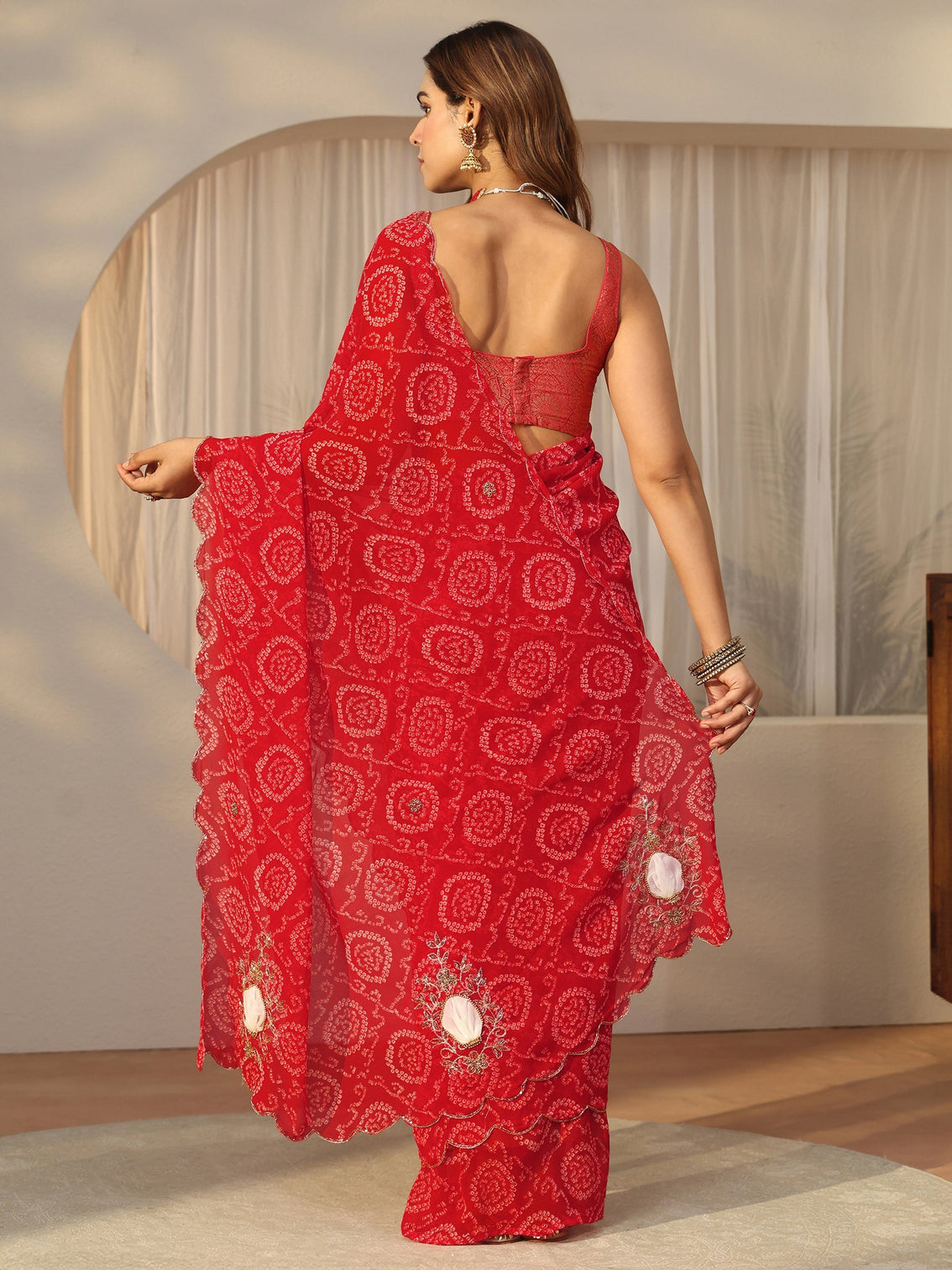 Mameraa Red Bandhani Printed Chiffon Saree with Applique Design