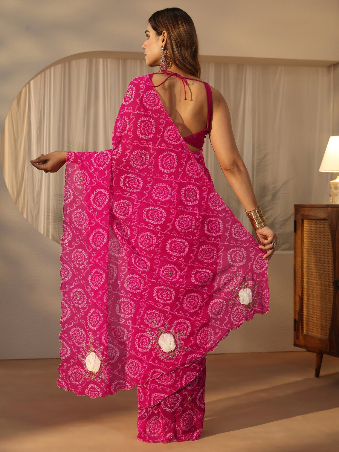 Mameraa Pink Bandhani Print Chiffon Saree with Applique Design