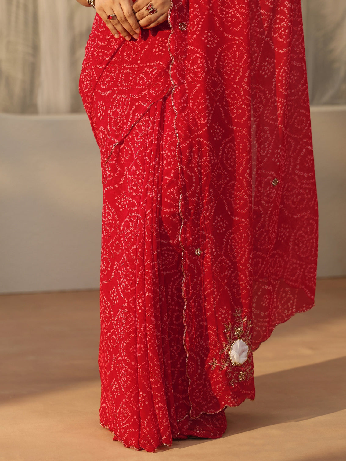 Mameraa Red Bandhani Printed Chiffon Saree with Applique Design
