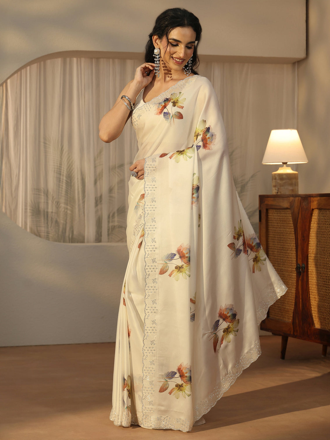 Mameraa Cream Floral Printed Satin Saree with Embellished Border