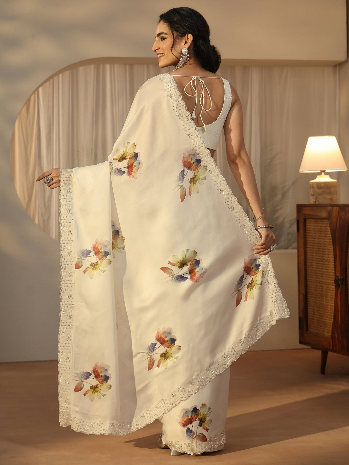 Mameraa Cream Floral Printed Satin Saree with Embellished Border